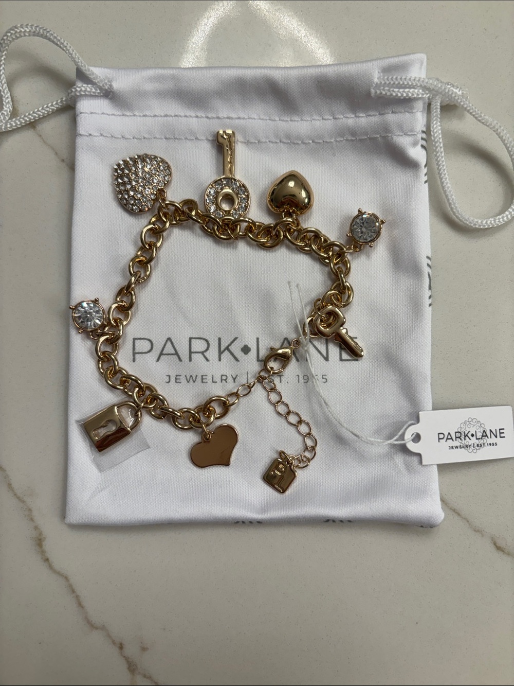 Park Lane Gold-Tone Heart & Key Charm Bracelet with Crystal Accents